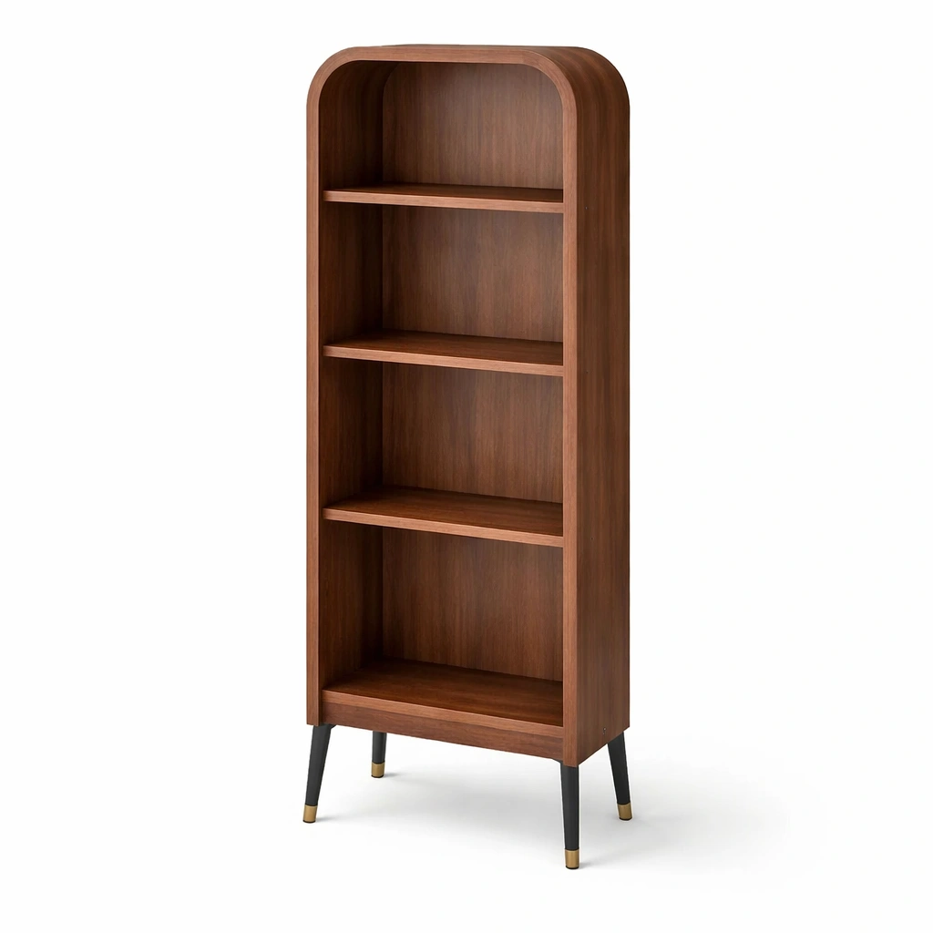 Schmales Retro Buecherregal mit Abgerundeter Form und Metallbeinen-srivora